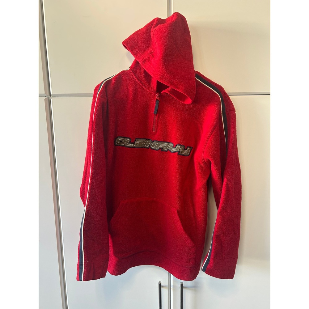 Old Navy Mens Red Fleece Quarter Zip Hoodie Logo Racing Stripe Vintage Style 16